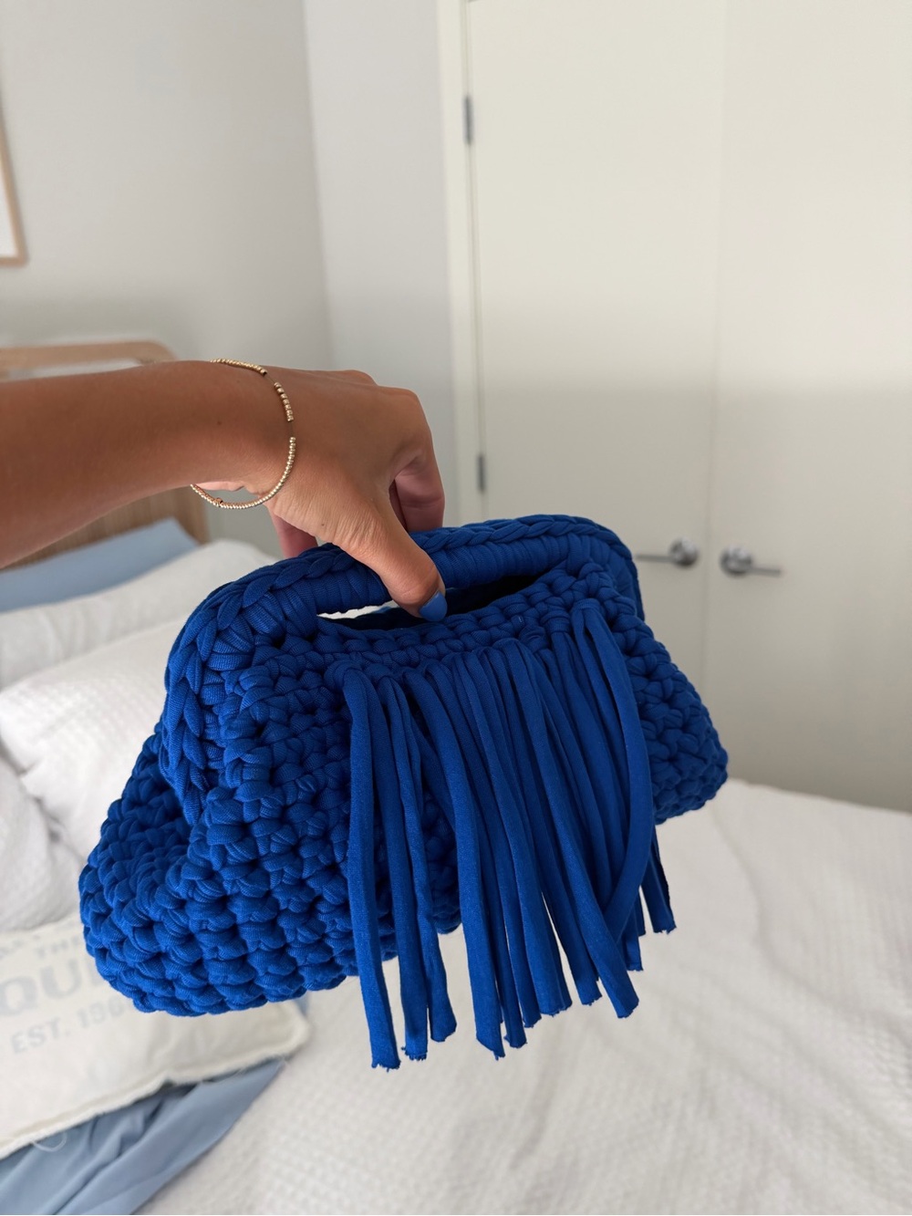 Handcrafted Blue Crochet Fringe Clutch - Picture 2 of 5